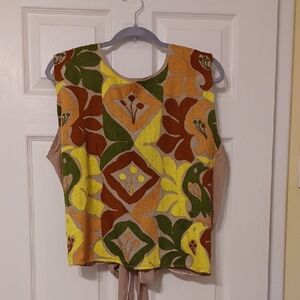 Floral Embroidered, Patterned Sleeveless Top, Sz M, In Earth Tones. Tie Back.